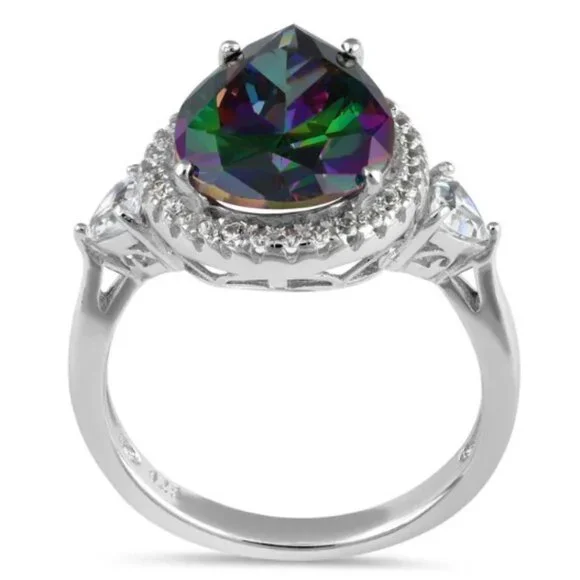 925 Sterling Silver Simulated Mystic Rainbow Topaz CZ Pear Cut Halo Ring - Picture 16 of 16